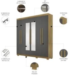 Guarda Roupa Casal 218cm Com Espelho Bolty Nature/Alasca V02 - Mpozena