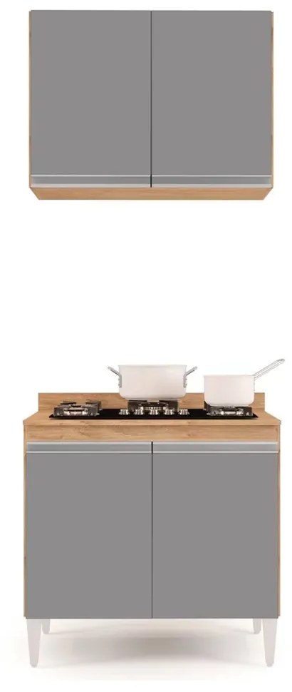 Kit Armário Aéreo e Balcão para Cooktop de Cozinha 02 Portas Diana 80 cm - D'Rossi - Castanho e Cinza