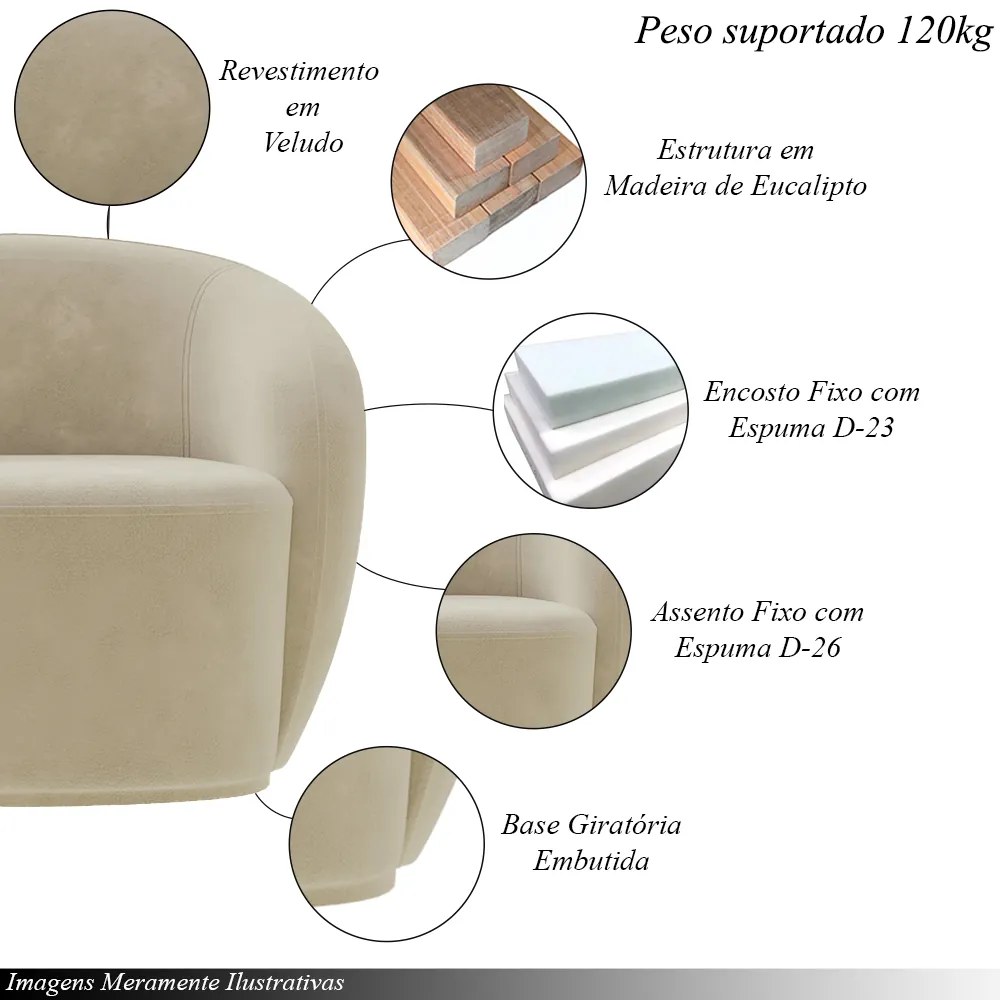 Poltrona Decorativa Sala de Estar Íbis Encosto Fixo Veludo Bege G33 - Gran Belo