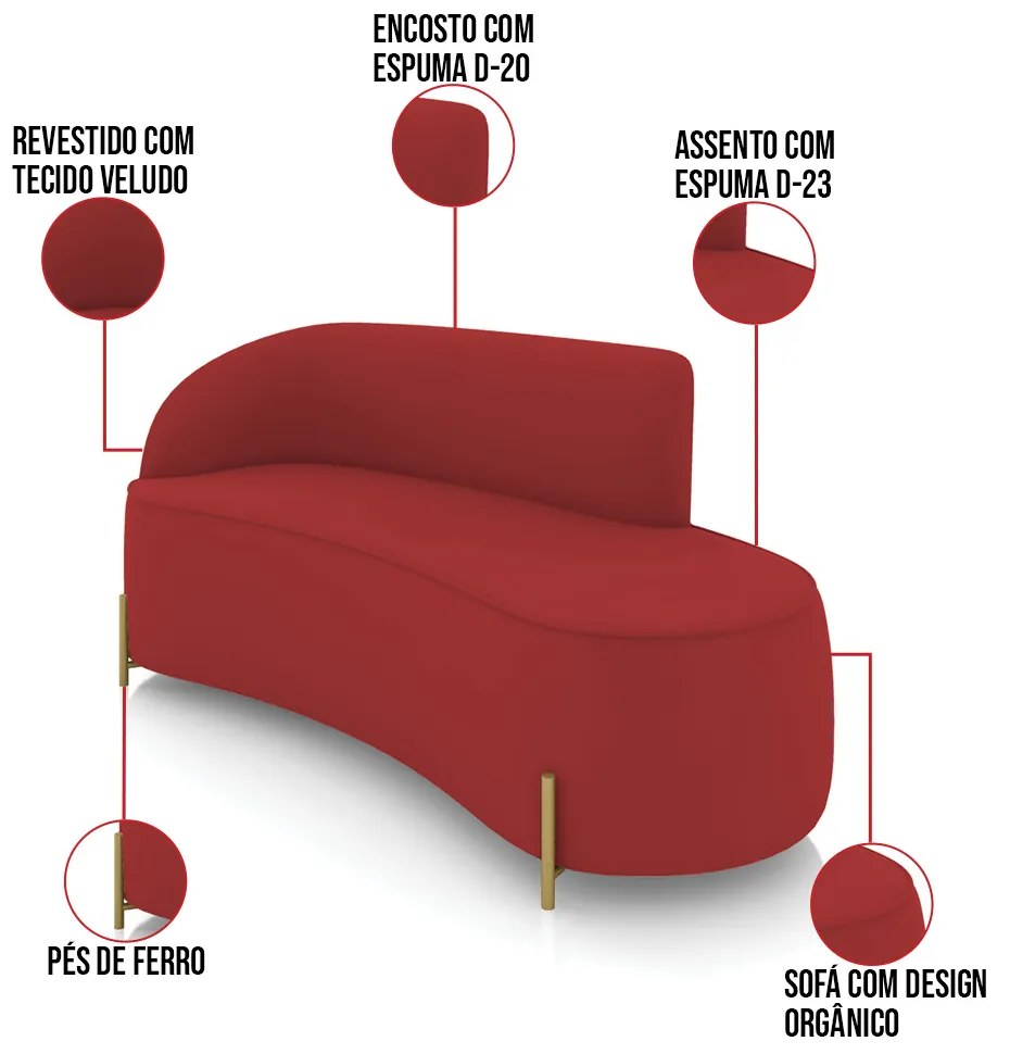 Sofá 3 Lugares Orgânico 180cm Pé Ferro Dourado Morgan Veludo Marsala D03 - D'Rossi
