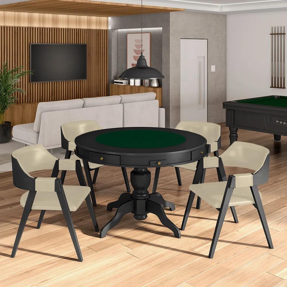 Conjunto Mesa de Jogos Carteado Bellagio Tampo Reversível e 4 Cadeiras Madeira Poker Base Estrela PU Bege/Preto G42 - Gran Belo