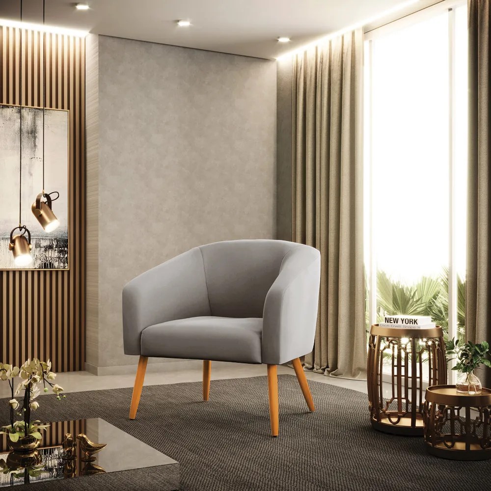 Poltrona Decorativa Pé Palito Castanho kit 2 Stella Veludo Cinza D03 - D'Rossi