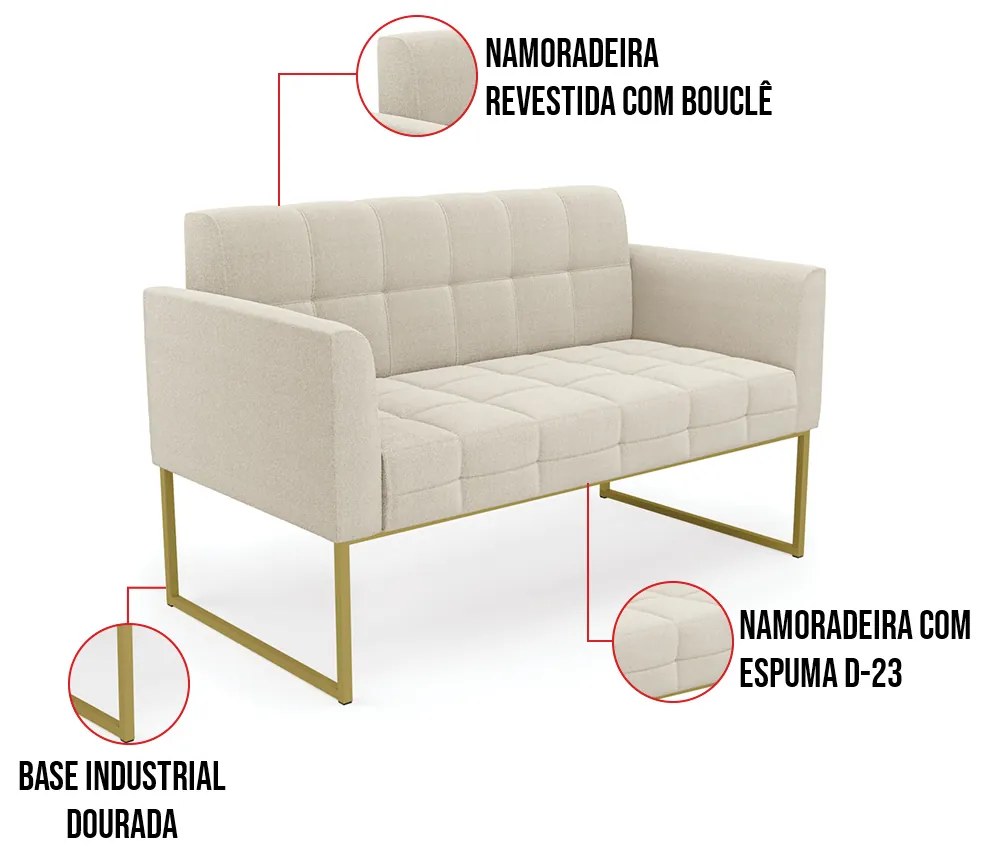 Namoradeira e 2 Poltronas Industrial Dourado Elisa Bouclê Bege D03 - D'Rossi