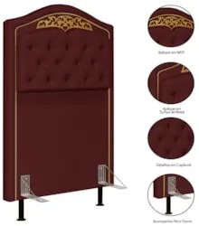 Cabeceira Cama Box Solteiro 90cm com Tachas Imperial Veludo J02 Bordô