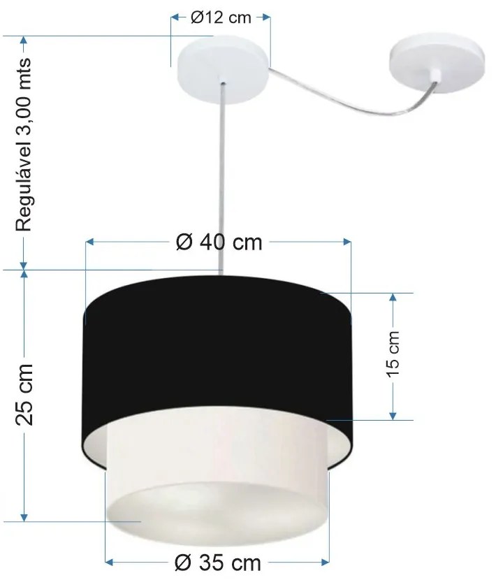 Lustre Pendente Duplo Cilíndrico Com Desvio de Centro Vivare Md-4359 Cúpula em Tecido 40x35cm - Bivolt