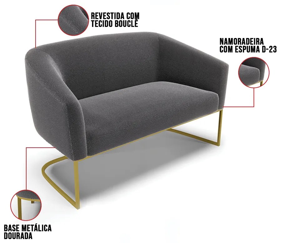 Namoradeira e 2 Poltronas Industrial Dourado Stella Bouclê Grafite D03 - D'Rossi