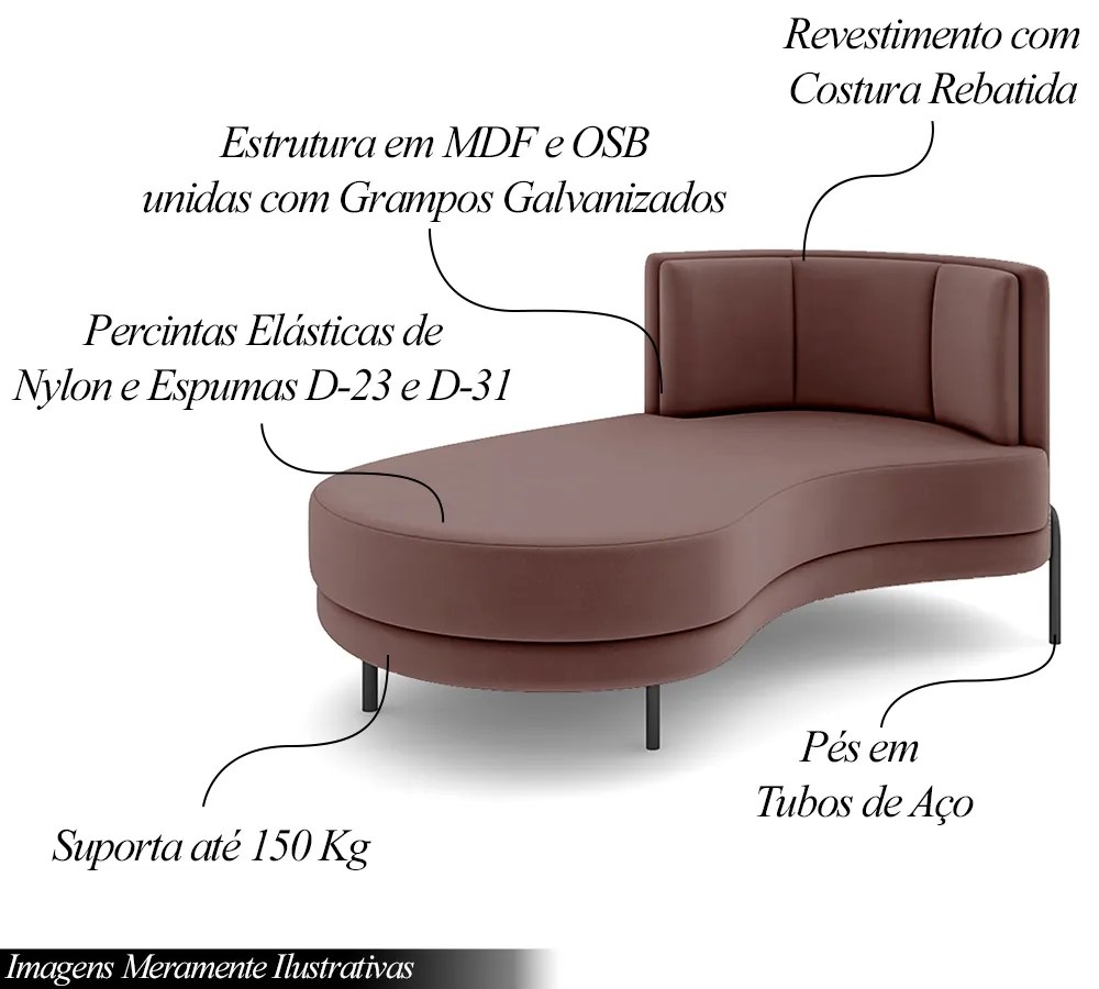 Sofá Chaise Lado Esquerdo Downey Sala de Estar Veludo Rosê G15 - Gran Belo