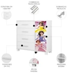 Cômoda Infantil Para Quarto 80cm 4 Gavetas Princesa Rosa Z53 - Mpozena