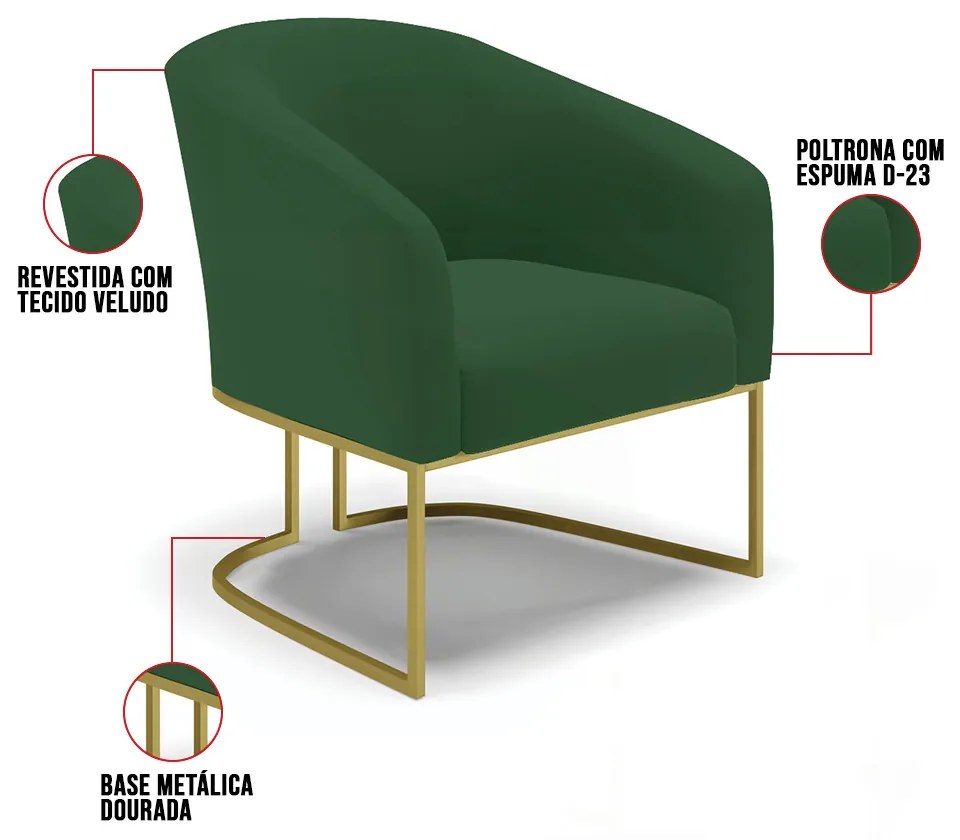 Cadeira Sala de Jantar Base Industrial Dourado Kit 2 Stella Veludo D03 - D'Rossi - Verde