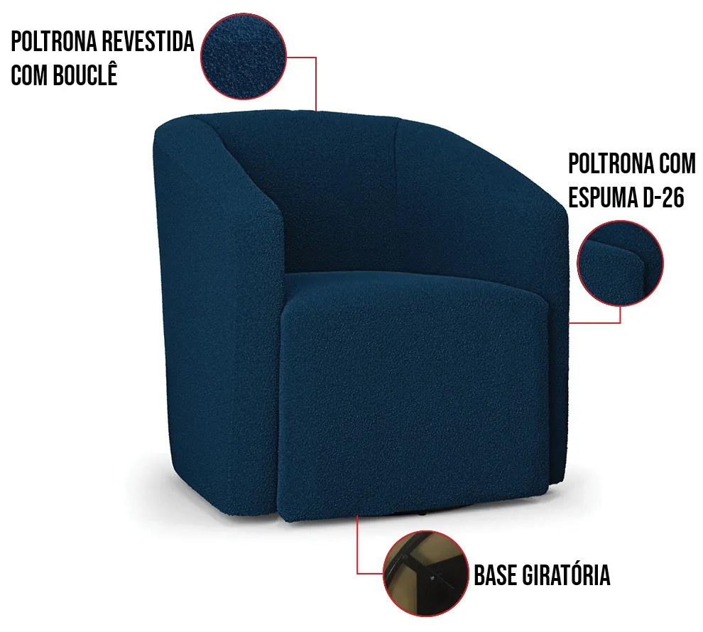 Poltrona Sala de Estar Base Giratória Kit 2 Stella Max Bouclê D03 - D'Rossi Azul