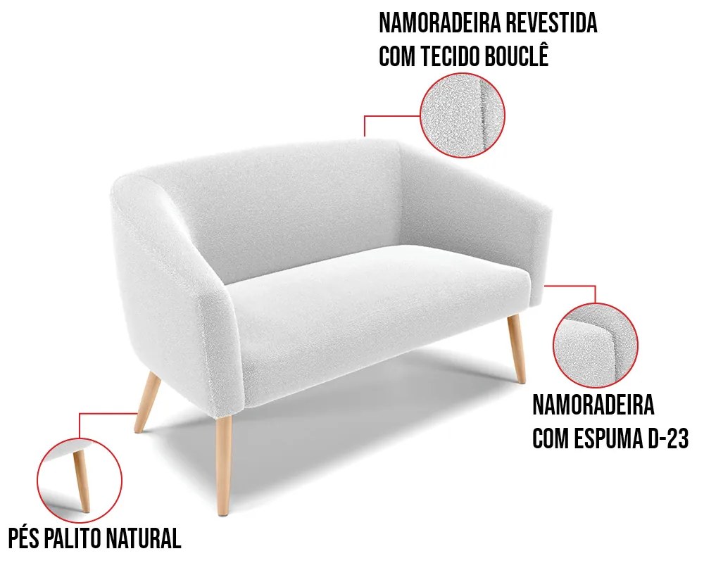 Sofá 2 Lugares Namoradeira Pé Palito Natural Stella Bouclê D03 - D'Rossi - Off White