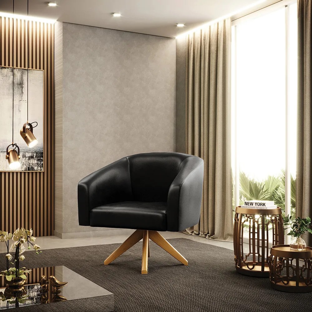 Poltrona Decorativa Giratória MA30 Stella Sintético PU Preto D03 - D'Rossi