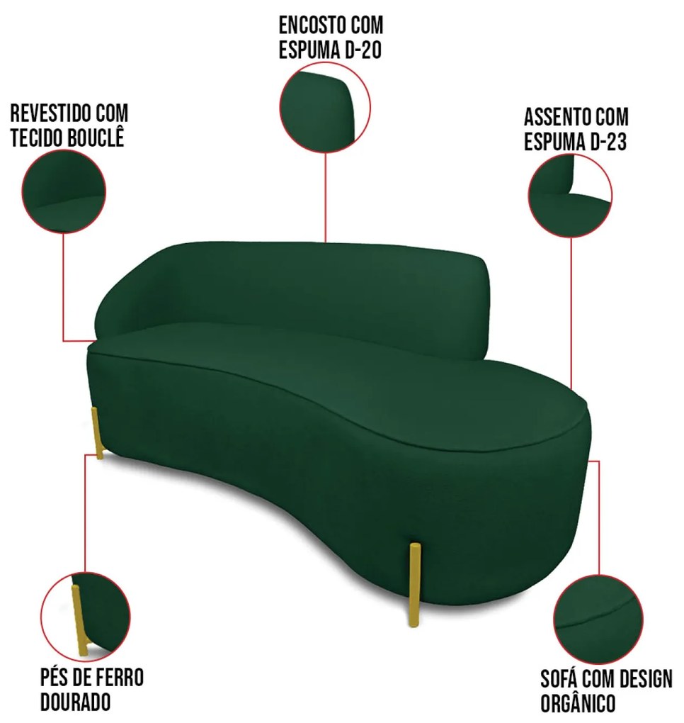 Sofá 3 Lugares Orgânico 180cm Pé Dourado Morgan Bouclê Verde D03 - D'Rossi