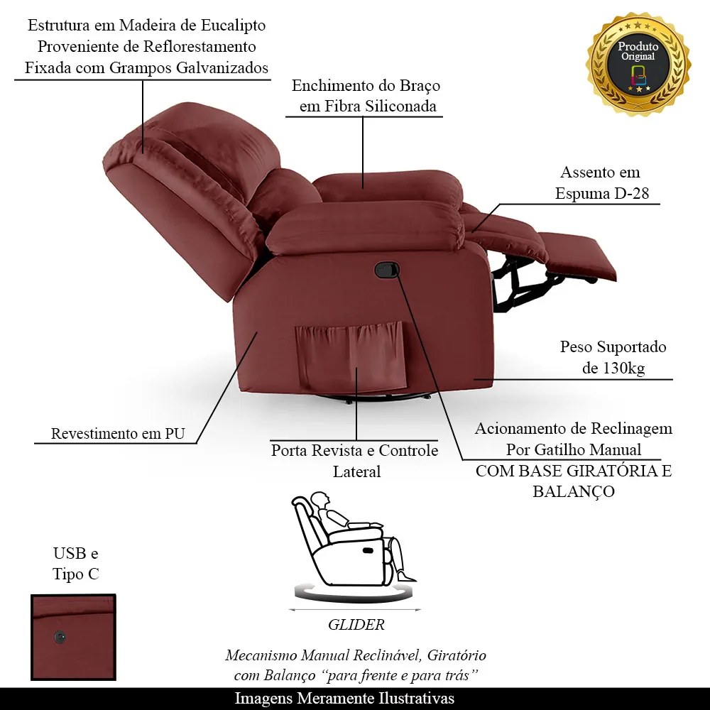 Poltrona do Papai Reclinável Melim Glider Giratória USB Sintético PU FH1 - D'Rossi - Vermelho