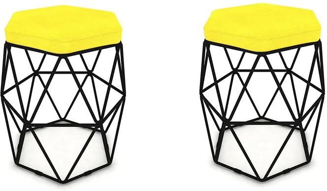Kit 2 Puffs Aramado Hexagonal Base de Ferro Preta Suede Amarelo - Sheep Estofados - Amarelo