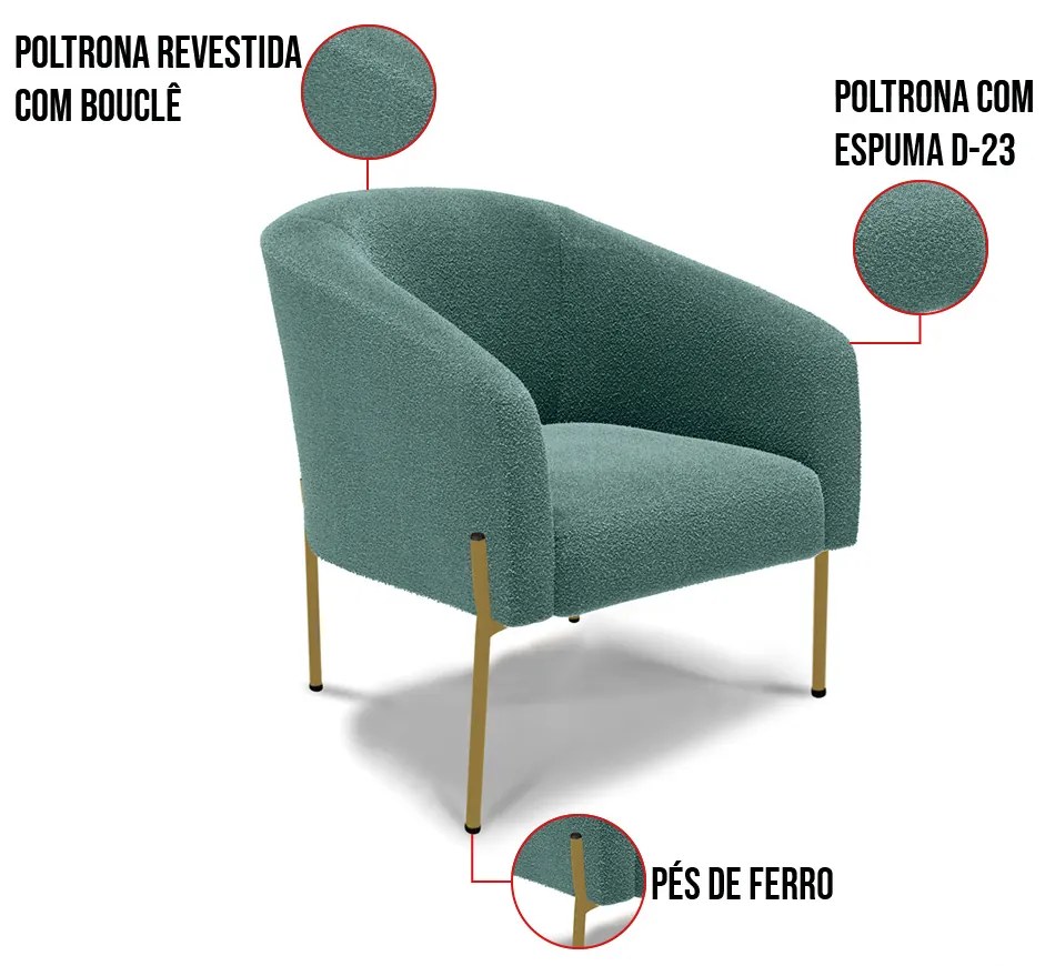 Namoradeira e 2 Poltronas Pé Ferro Dourado Stella Bouclê Vd Menta D03 - D'Rossi