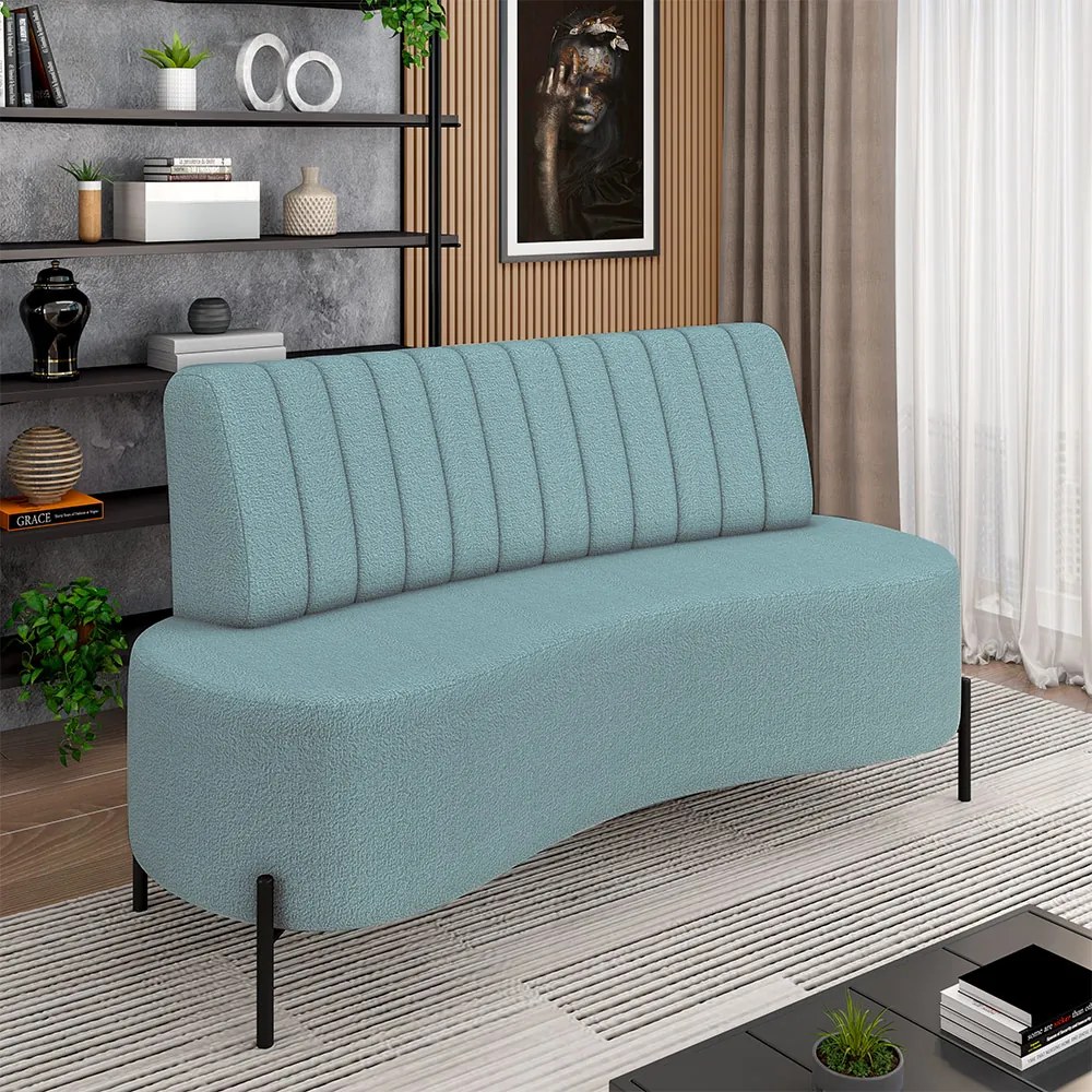 Sofá Living Decorativo 2 Lugares 1,35M Katara Pés de Ferro Bouclê Azul G33 - Gran Belo