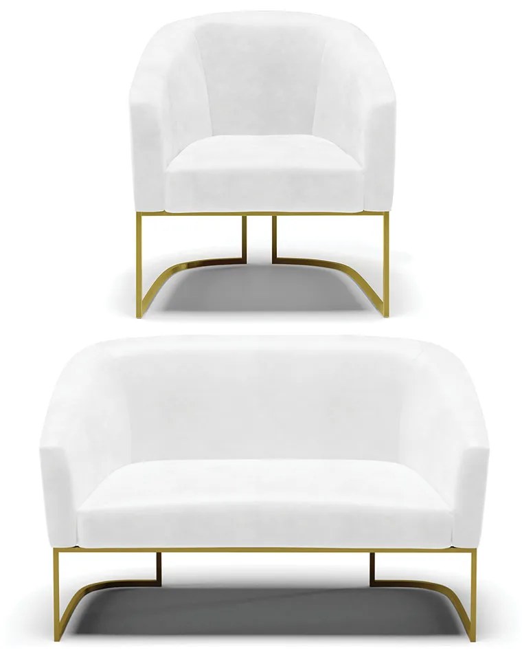 Sofá Namoradeira e Poltrona Base Industrial Dourado Stella Sintético PU D03 - D'Rossi - Branco