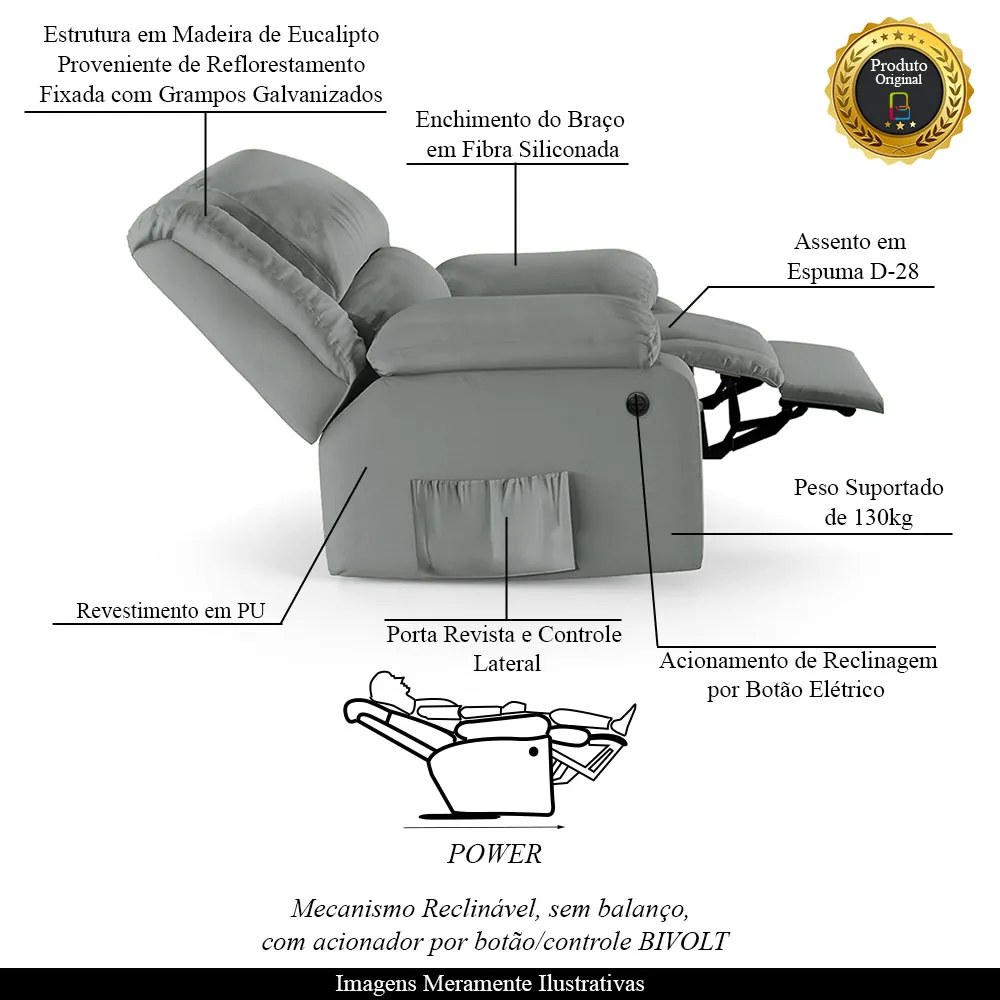 Poltrona do Papai Reclinável Melim Power Elétrica PU Cinza FH1 - D'Rossi
