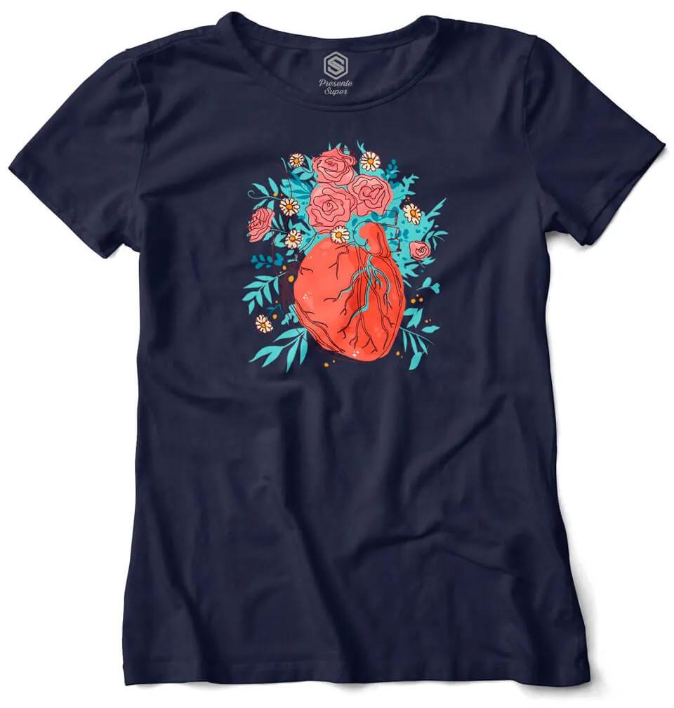 Camiseta Baby Look Coração Florido de Amor - Azul Marinho - P