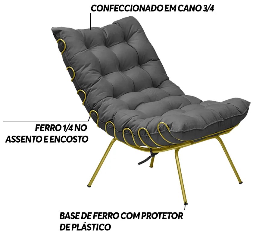 Kit 2 Poltronas Decorativas Sala de Estar Abel Base de Ferro Dourada Suede Cinza G41 - Gran Belo