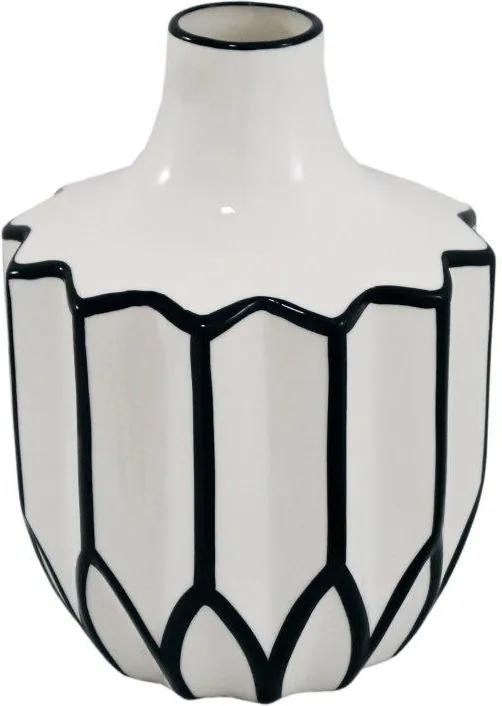 Vaso Decorativo Branco com Detalhes em Preto - 23x17x17cm