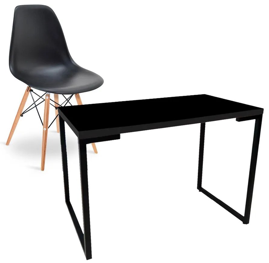 Kit Mesa Para Computador Escrivaninha Porto Preto 120 cm e Cadeira Eiffel Charles Eames Preto D'Rossi