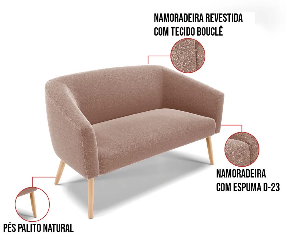 Namoradeira e 2 Poltronas Pé Palito Natural Stella Bouclê Rosê D03 - D'Rossi