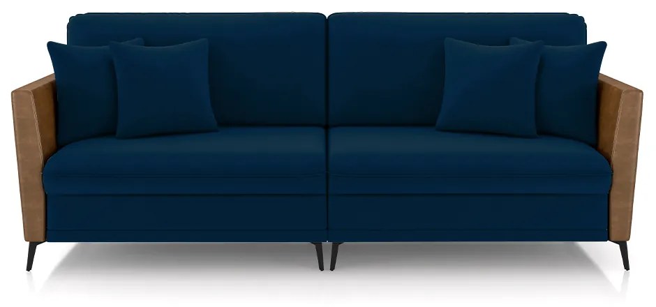 Sofá Living Decorativo Zagreb 3 Lugares 242cm com Almofadas Pés de Ferro Veludo/PU Azul/Caramelo G33 - Gran Belo