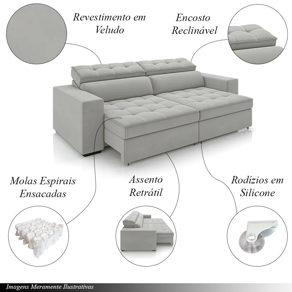 Sofá Decorativo Hugo 4 Lugares 300cm Reclinável e Retrátil Veludo Cinza Claro G45 - Gran Belo