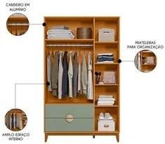 Guarda Roupa Solteiro 3 Portas 2 Gavetas 120cm Ipê Cinamomo/Sálvia - A