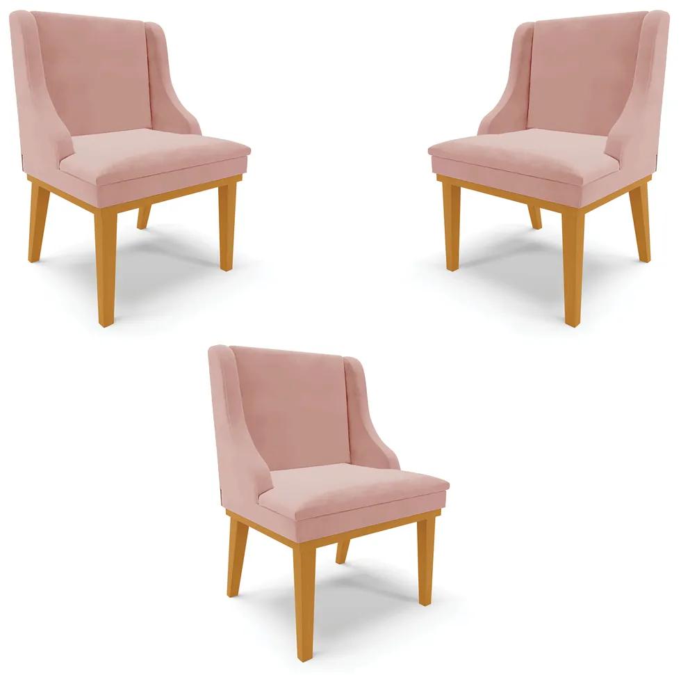 Kit 3 Cadeiras Decorativas Sala de Jantar Base Fixa de Madeira Firenze Veludo Rose/Castanho G19 - Gran Belo