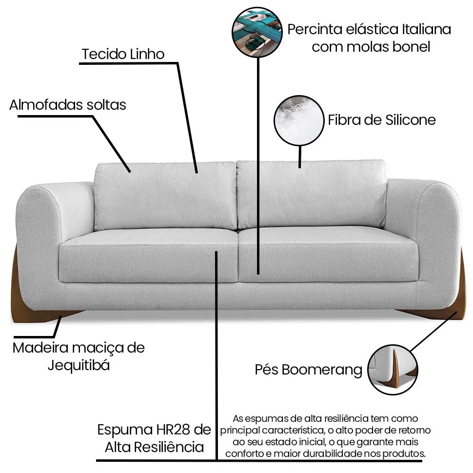 Sofá 2 Lugares Base de Madeira Clarissa 180 cm Linho S04 - D'Rossi - Grigio