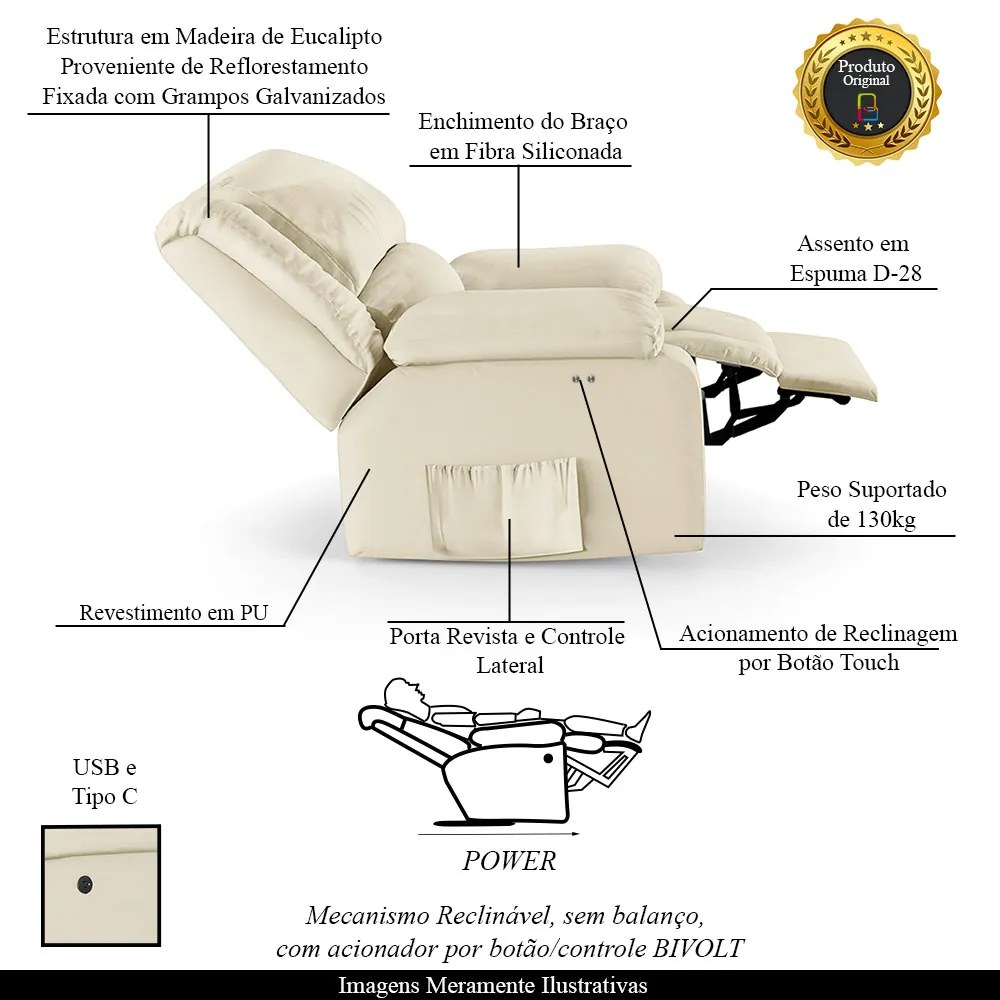 Poltrona do Papai Reclinável Melim Power Touch USB Sintético PU F FH1 - D'Rossi - Bege