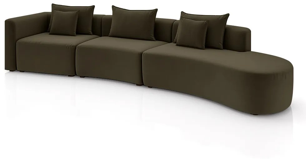 Sofá Curvo Decorativo Kimiko 447Cm 6 Lugares Sala de Estar com Chaise Veludo Marrom G52 - Gran Belo