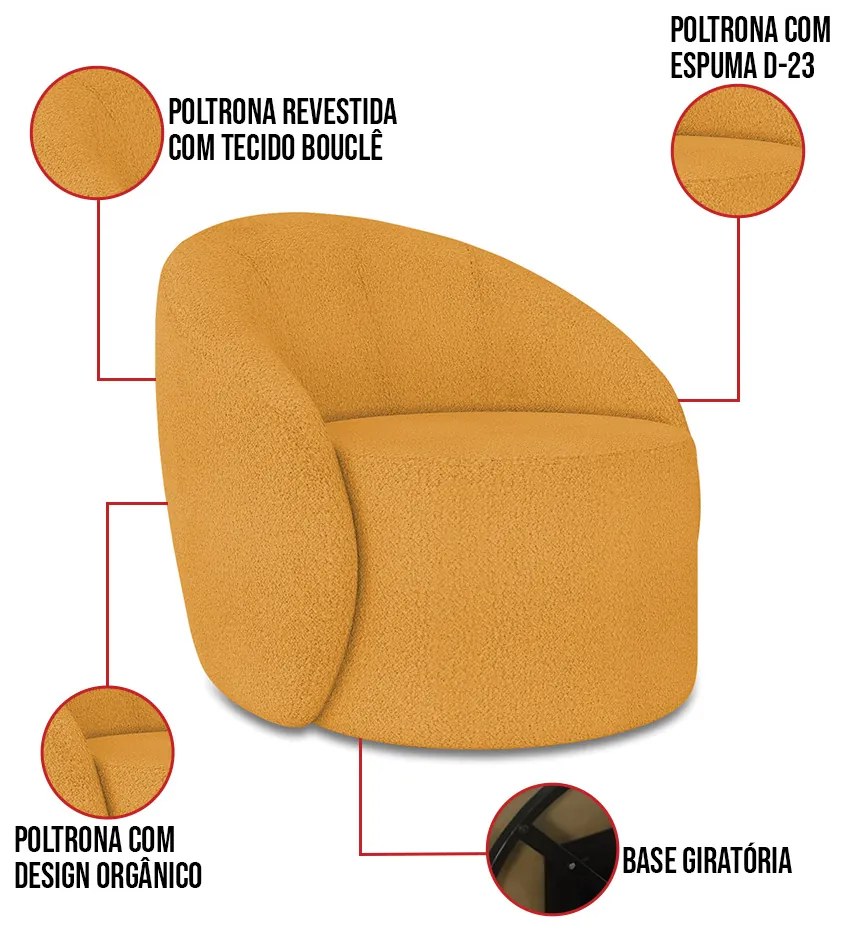 Sofá 4 Lugares Orgânico 220cm Morgan e 2 Poltronas Lua Bouclê Mostarda D03 - D'Rossi