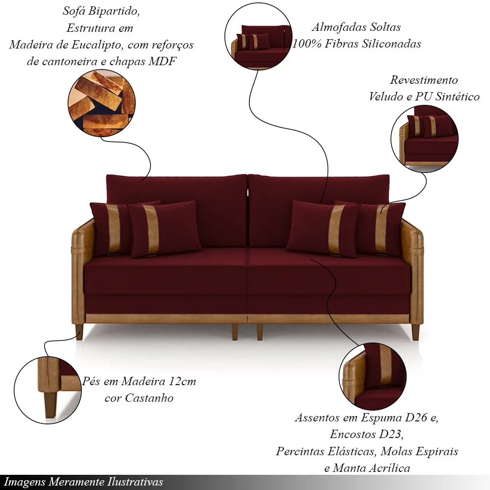 Sofá Living Montecarlo 2 Lugares Bipartido 172cm Pés em Madeira Veludo/PU Bordô/Caramelo G33 - Gran Belo