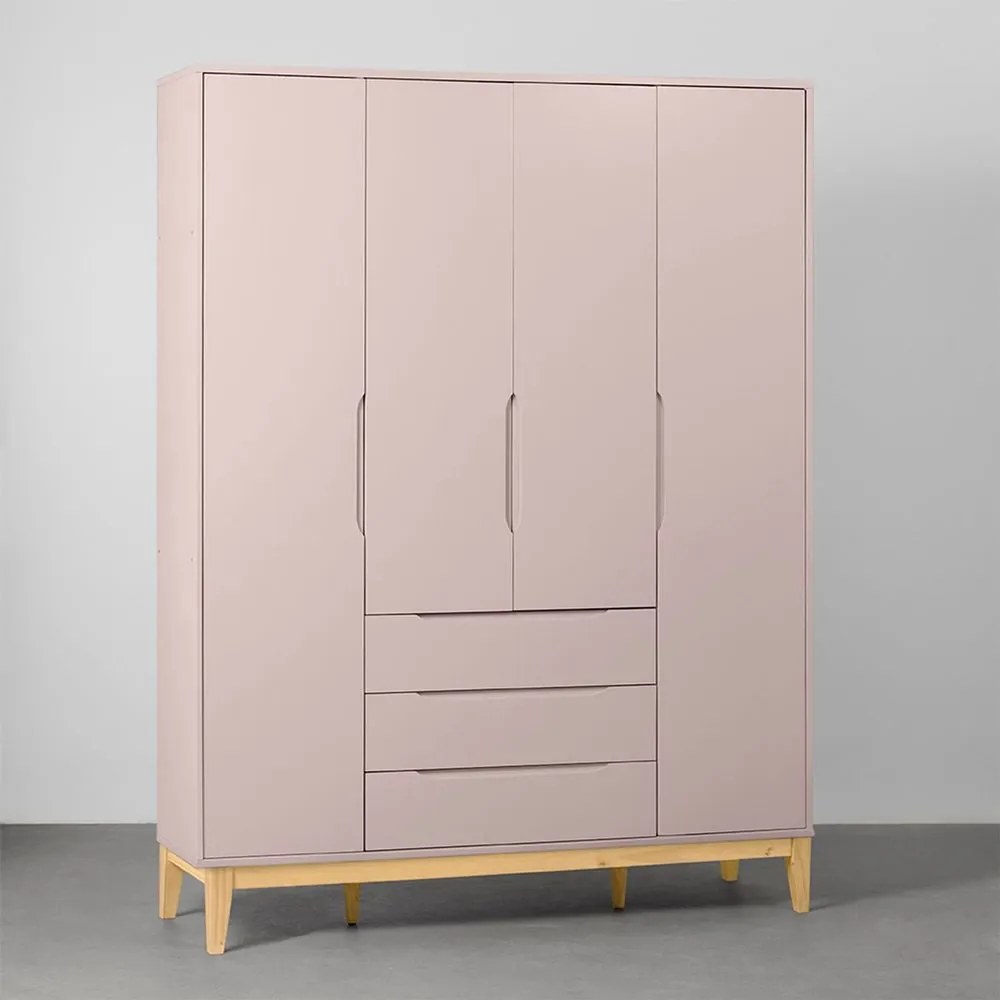 Guarda-Roupa Elfe 4 Portas e 3 Gavetas com Pés Square Natural - Rosa Fosco