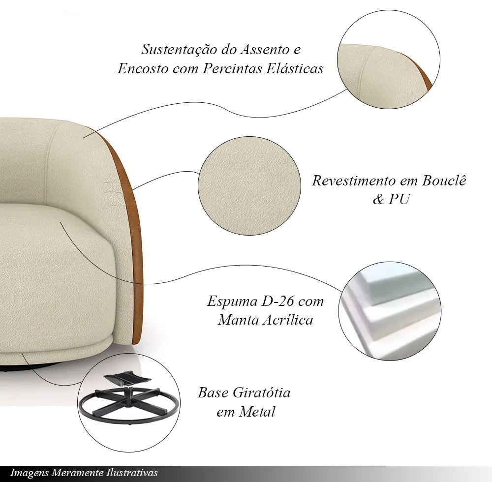 Kit 2 Poltronas Decorativas Jenny Base Giratória em Metal Preto Bouclê Off White/Caramelo G45 - Gran Belo