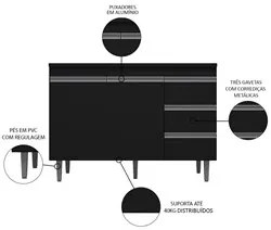 Balcão Gabinete com Pia Inox 120cm 2 Portas 3 Gavetas Andréia Preto To