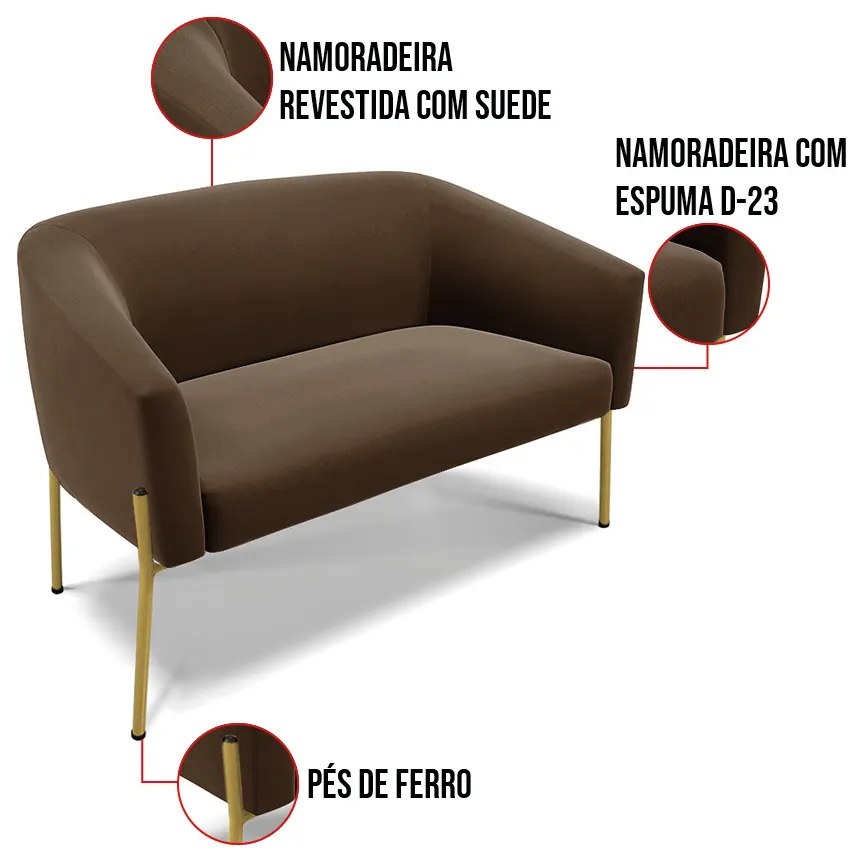 Sofá 2 Lugares Namoradeira Pé de Ferro Dourado Stella Suede D03 - D'Rossi - Marrom
