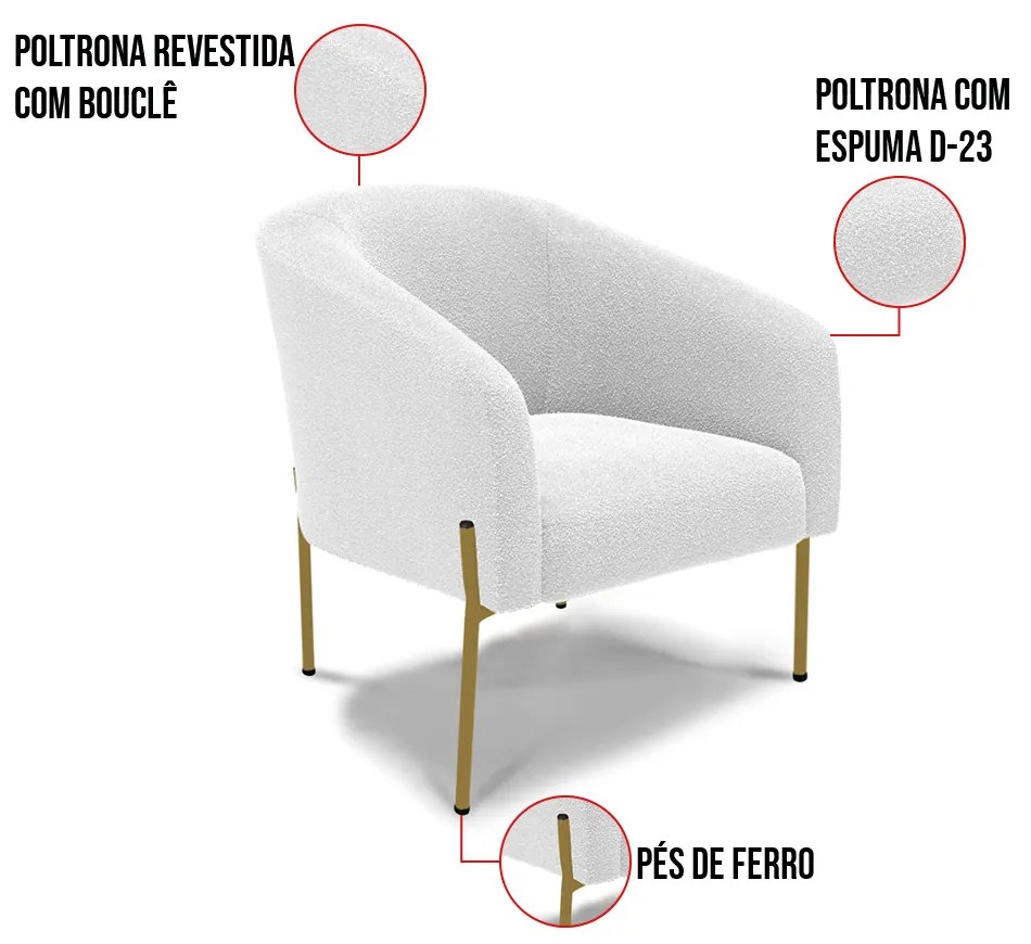 Poltrona Decorativa Pé Ferro Dourado Kit 2 Stella Bouclê Off White D03 - D'Rossi