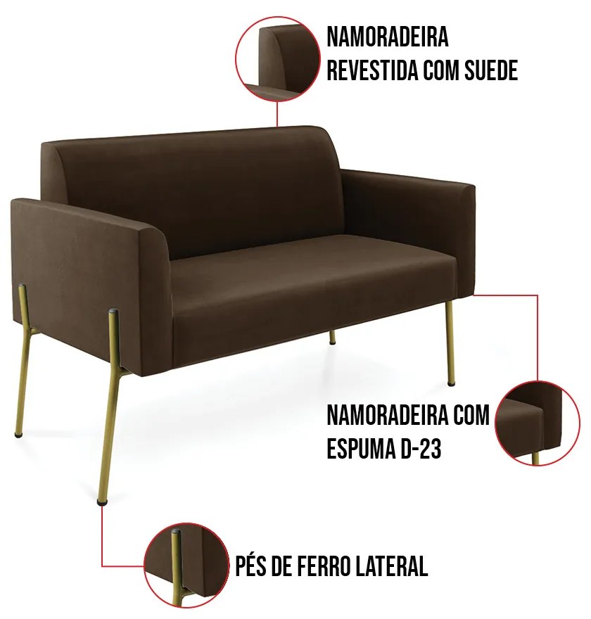 Sofá Namoradeira 2 Lugares Pé de Ferro Dourado Marisa Suede D03 - D'Rossi - Marrom