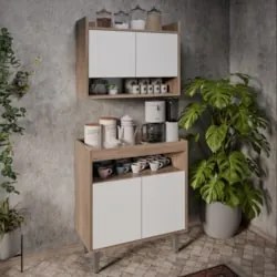 Armário Aéreo Ceci e Balcão Aparador Buffet Lice Z34 Freijó/Branco - M