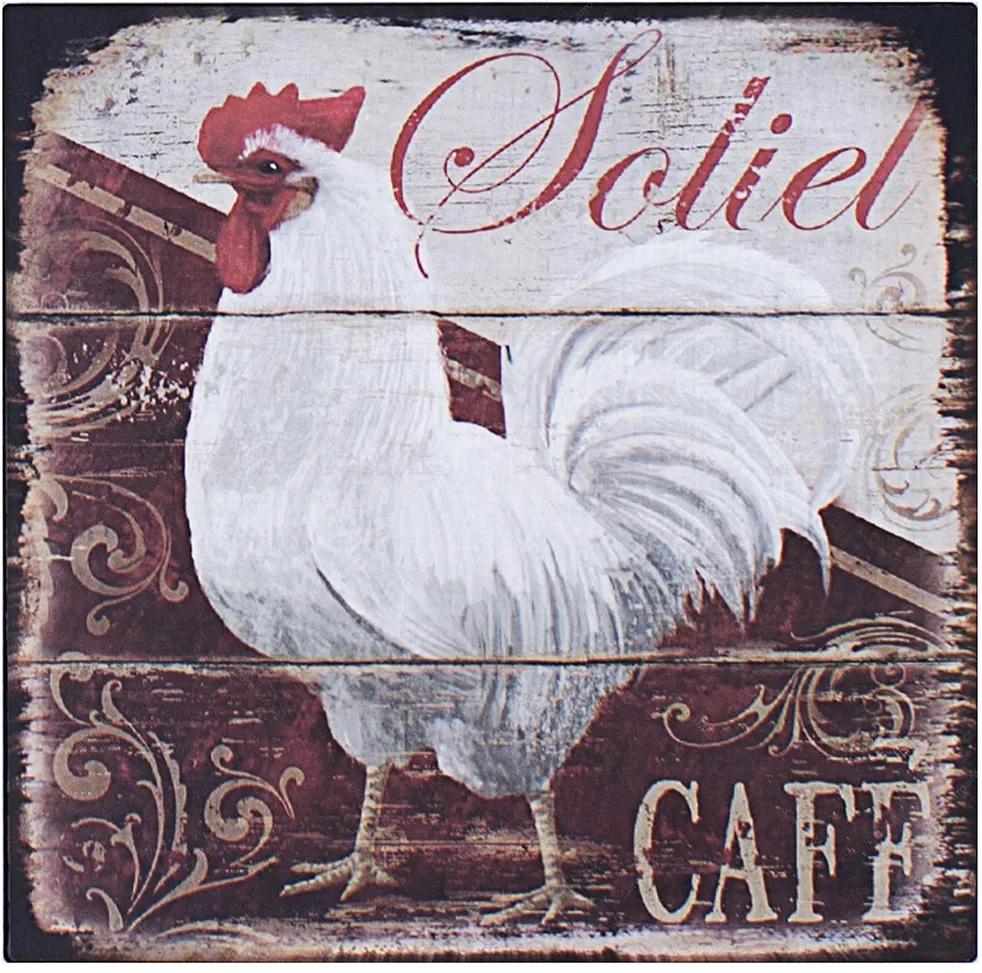 Placa de Metal Galo Branco Soliet Cafe Oldway - 25x25 cm