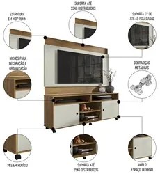 Painel para TV 60 Pol Suíça com Rack Bancada Reno Freijó/Cinza Cristal