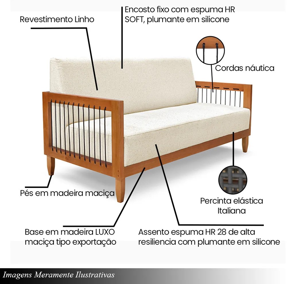 Conjunto Sofá Namoradeira e Poltrona Sala de Estar Pés Madeira Maciça Corda Náutica Preta Manila Linho Off White Rústico G63 - Gran Belo