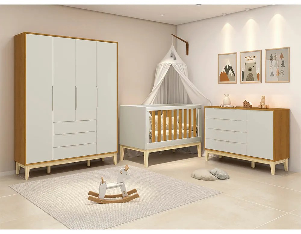 Kit Quarto Infantil com Pés Square Natural - Cômoda Elfe 4 Gavetas e 1 Porta + Guarda-Roupa Elfe + Berço Mini Cama Noah - Areia e Savana