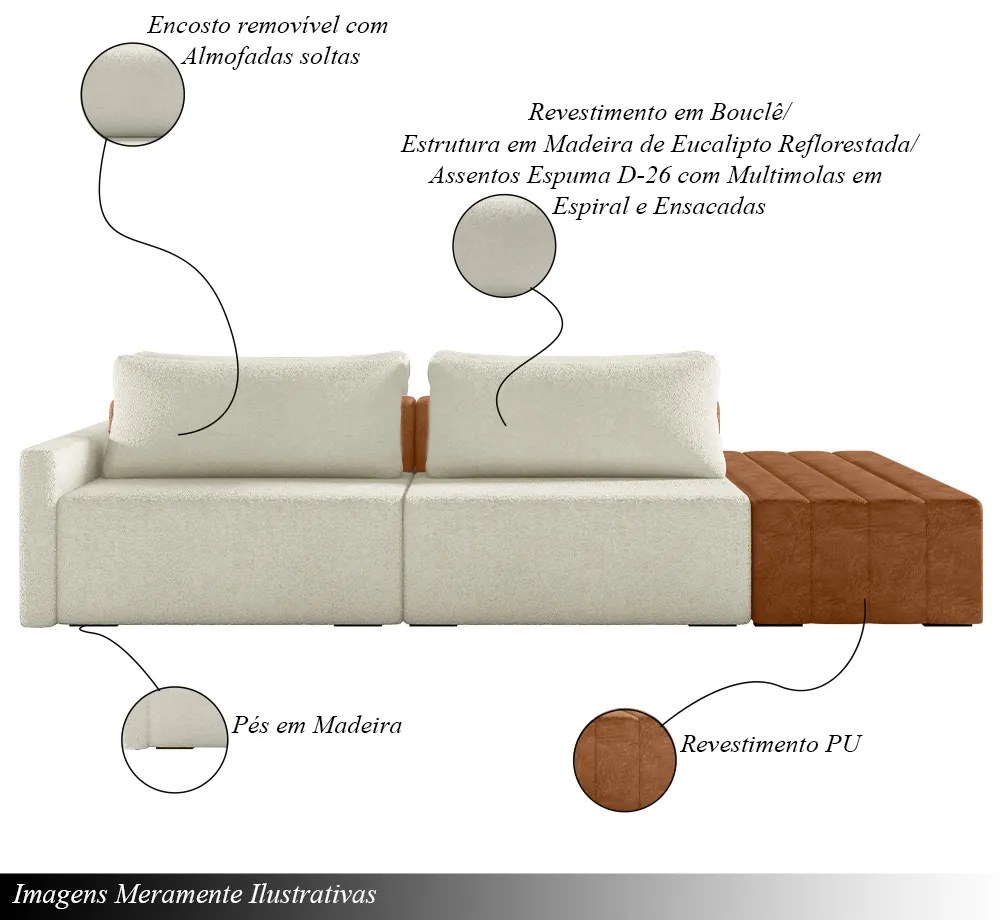 Sofá Ilha Modulado Milos 252cm Puff Lateral OffWhite Caramelo Manchado Bouclê/PU G33 - Gran Belo