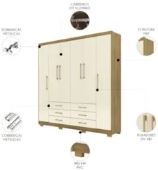 Guarda Roupa Casal 223cm 6 Portas Rick Nature/Champanhe V02 - Mpozenat